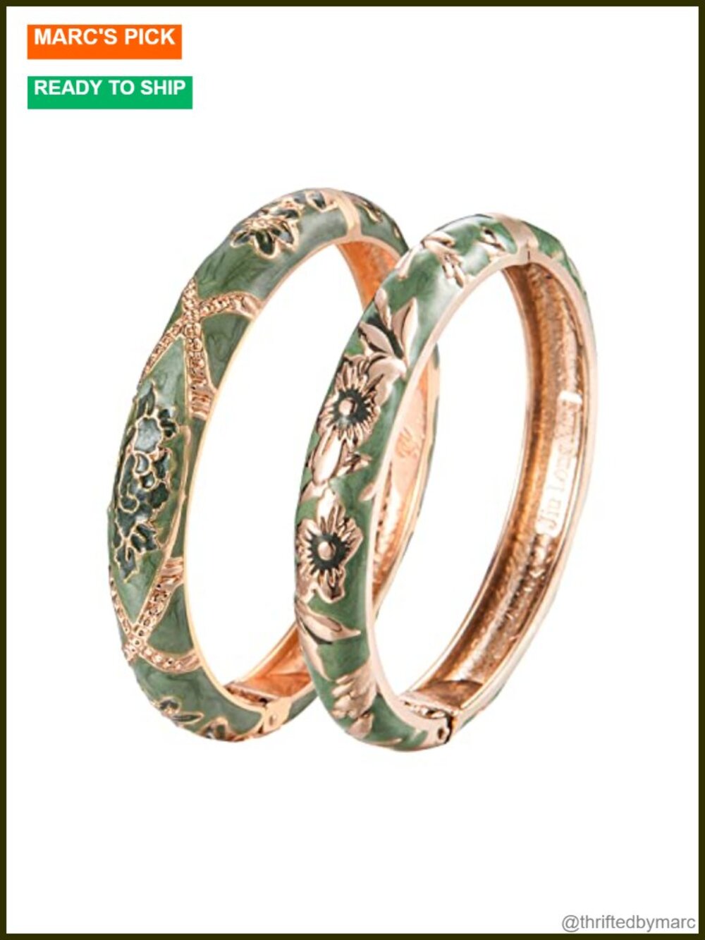 2pc Enameled Flower Cloisonne Bangle Bracelet Set Spring Hinge Alloy Gold
